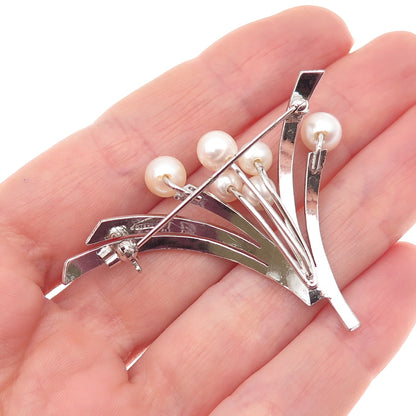 925 Sterling Silver Antique Art Deco Real Akoya Pearl Floral Pin Brooch