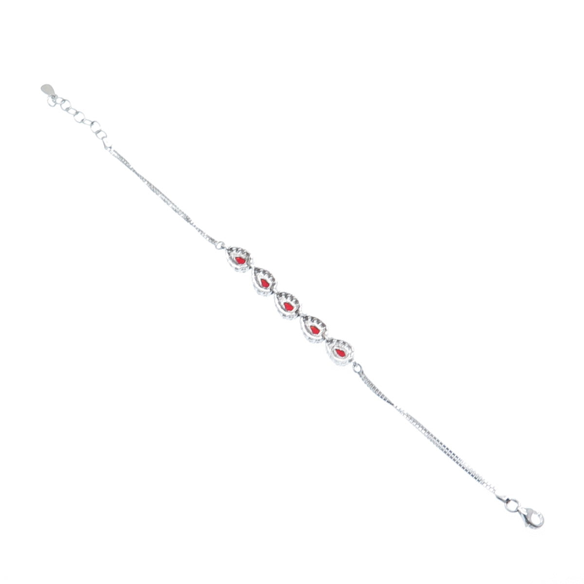 925 Sterling Silver Pear & Round-Cut Red White C Z Teardrop Bracelet 6.5-7.5"