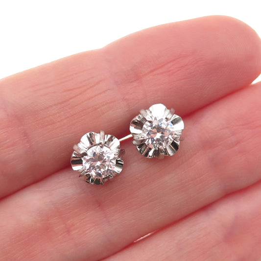 925 Sterling Silver Vintage Round-Cut C Z Floral Stud Earrings
