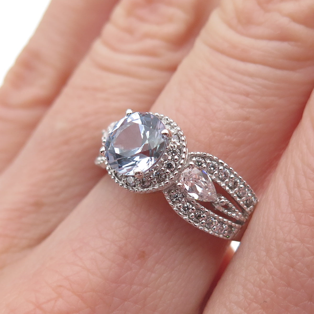925 Sterling Silver Round & Pear-Cut C Z Engagement Ring Size 7.25