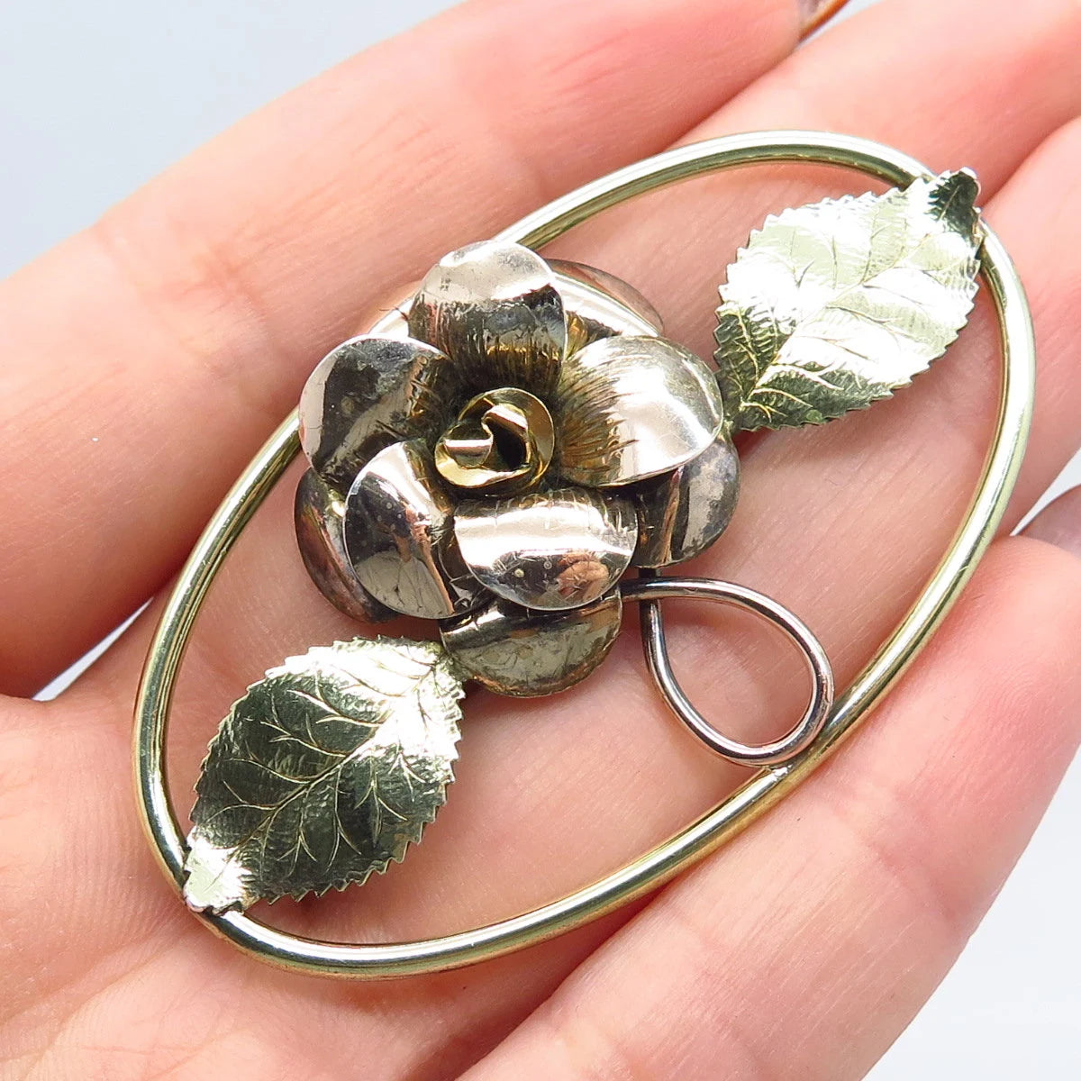925 Sterling Silver Gold Plated Vintage Rose Floral Pin Brooch