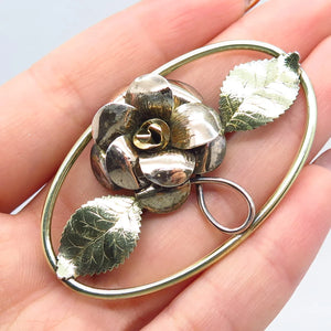 925 Sterling Silver Gold Plated Vintage Rose Floral Pin Brooch