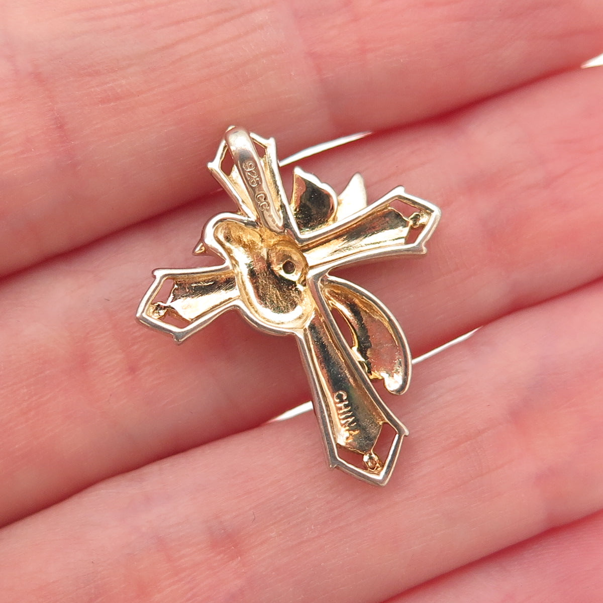 925 Sterling Silver 2-Tone Vintage Real Diamond Holy Spirit Cross Slide Pendant