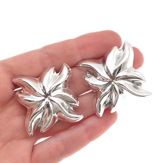 925 Sterling Silver Vintage Mexico Modernist Floral Oxidized Clip On Earrings