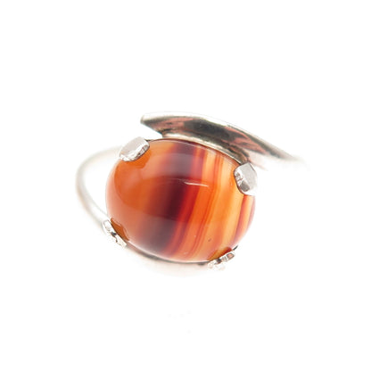 925 Sterling Silver Vintage Real Agate Modernist Bypass Ring Size 5.75