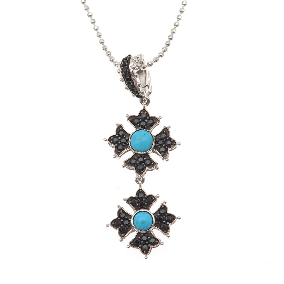 925 Sterling Real Turquoise & Black Spinel Floral Ball Beaded Necklace 18-20"
