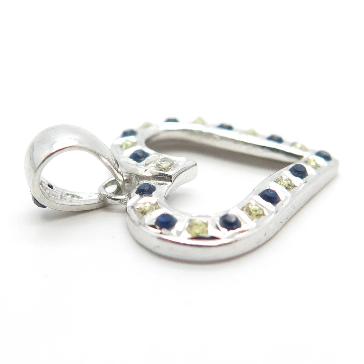 925 Sterling Silver Real Diamond Accent & Blue Glass Open Heart Pendant
