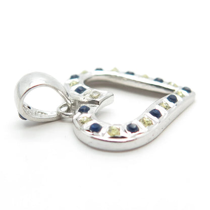 925 Sterling Silver Real Diamond Accent & Blue Glass Open Heart Pendant