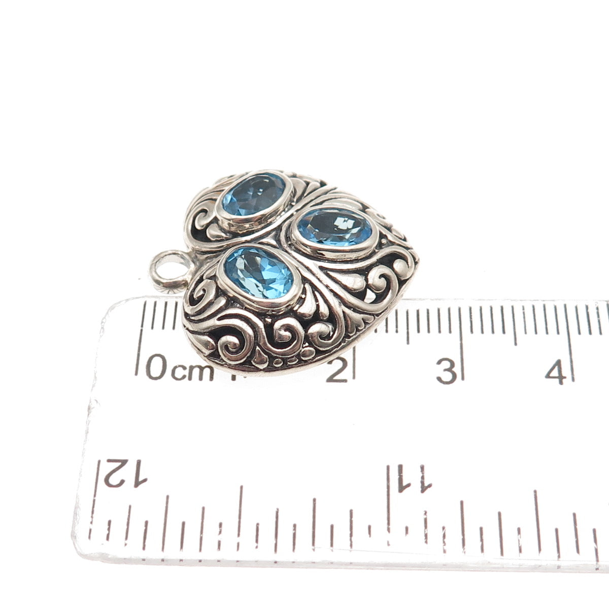 925 Sterling Silver Vintage Real Oval-Cut Blue Topaz Ornate Heart Charm Pendant