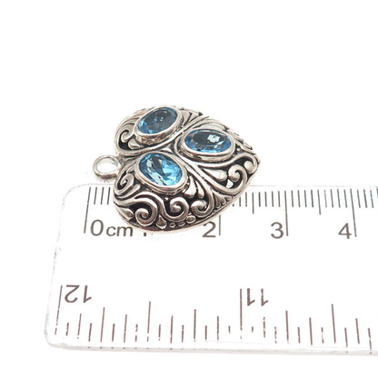 925 Sterling Silver Vintage Real Oval-Cut Blue Topaz Ornate Heart Charm Pendant