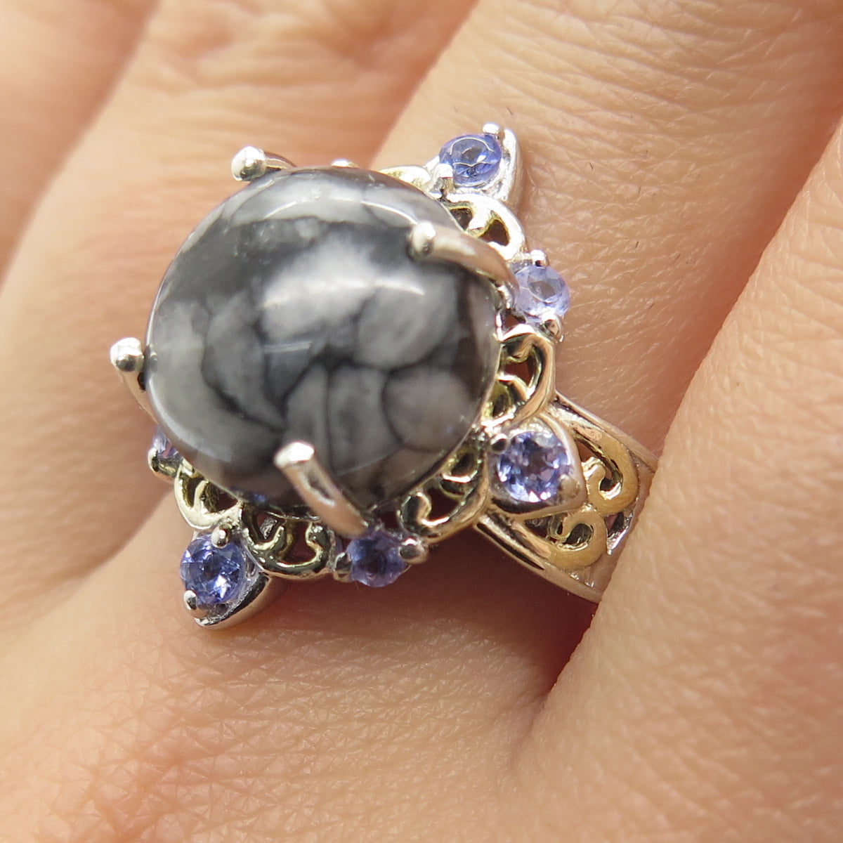 CHUCK CLEMENCY 925 Sterling Silver 2-Tone Obsidian Tanzanite Gem Ring Size 7.25