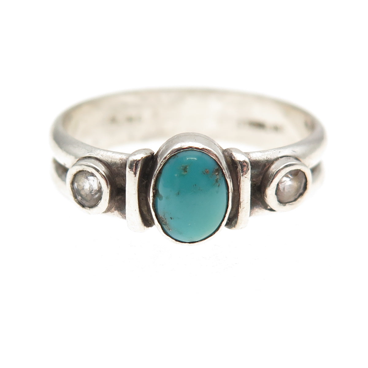 Old Pawn Sterling Silver Vintage Turquoise & White Topaz Tribal Ring Size 9.25