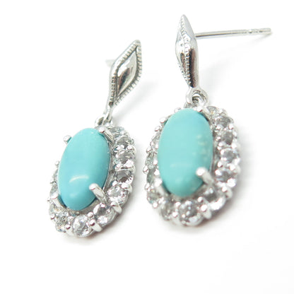 925 Sterling Silver Vintage Real White Topaz & Turquoise Gem Dangling Earrings