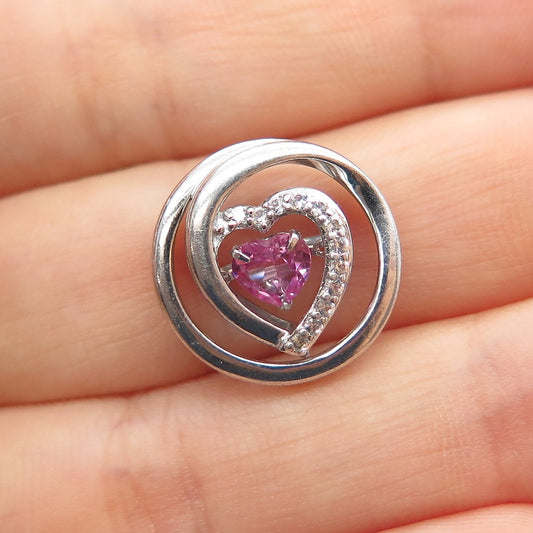 SAI 925 Sterling Real Heart-Cut Pink & Round-Cut White Topaz Mini Slide Pendant