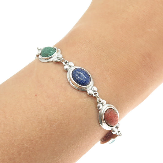 COLEMAN COLE 925 Sterling Silver Vintage Multi-Color Gem Inlay Bracelet 7.75"