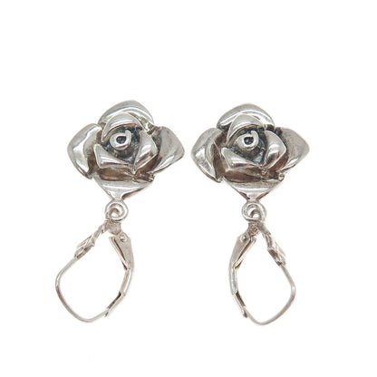 925 Sterling Silver Vintage Rose Flower Oxidized Dangle Earrings