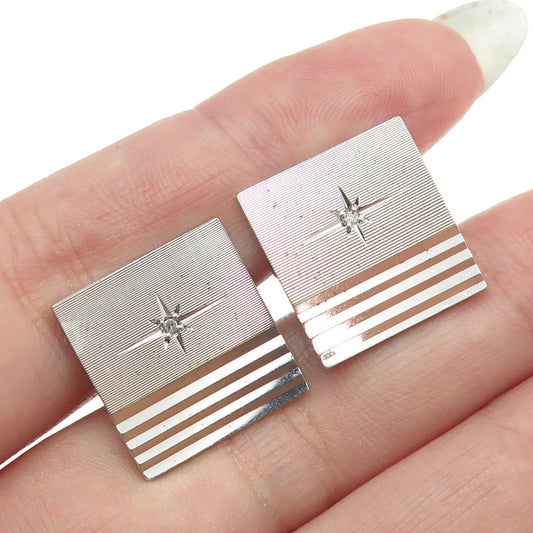 LAMODE 925 Sterling Silver Vintage Real White Diamond Striped Cufflinks