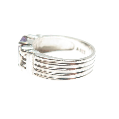 925 Sterling Silver Vintage Real Emerald-Cut Amethyst Gem Column Ring Size 7.75