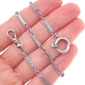 925 Sterling Silver Antique Art Deco Floral Bar Pocket Watch Chain 14"