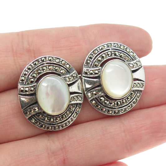 925 Sterling Silver Vintage Real Mother-of-Pearl & Marcasite Modernist Earrings