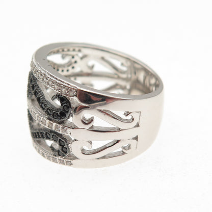 925 Sterling Silver Round-Cut Black & White C Z Heart Swirl Ring Size 7