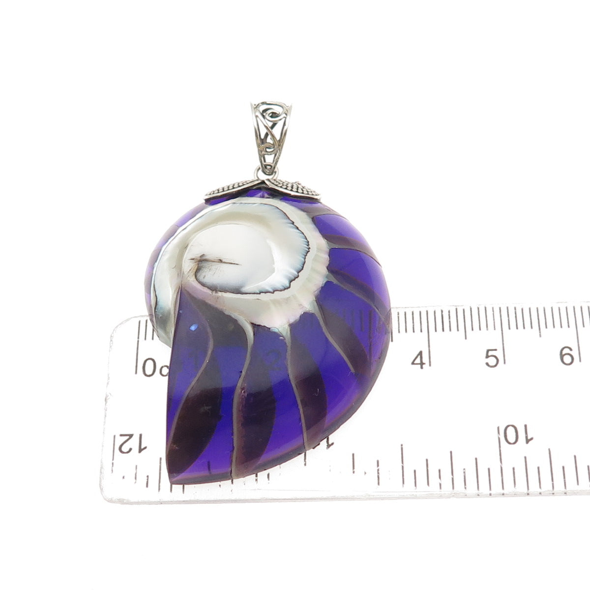 925 Sterling Silver Vintage Real Purple Nautilus Shell Modernist Pendant
