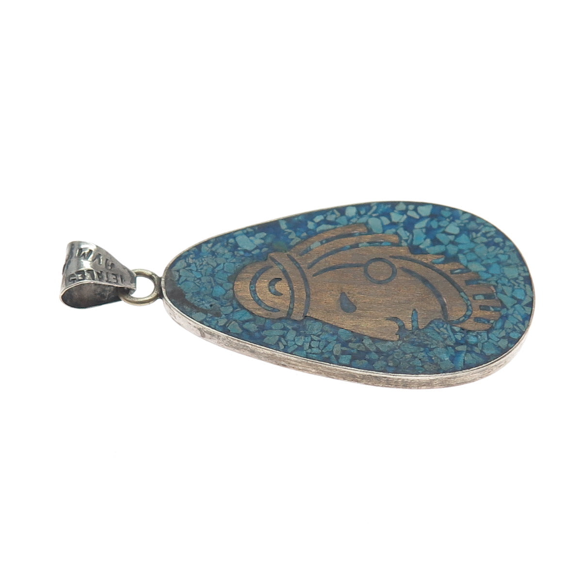 925 Sterling 2-Tone Vintage Metales Mexico Real Turquoise Inlay & Wood Pendant