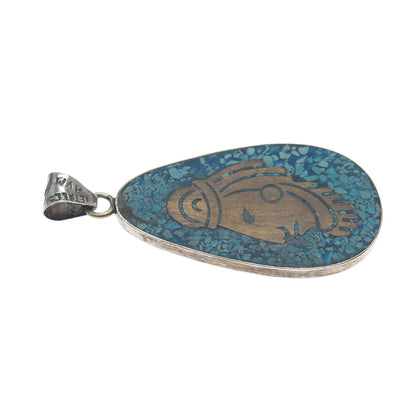 925 Sterling 2-Tone Vintage Metales Mexico Real Turquoise Inlay & Wood Pendant