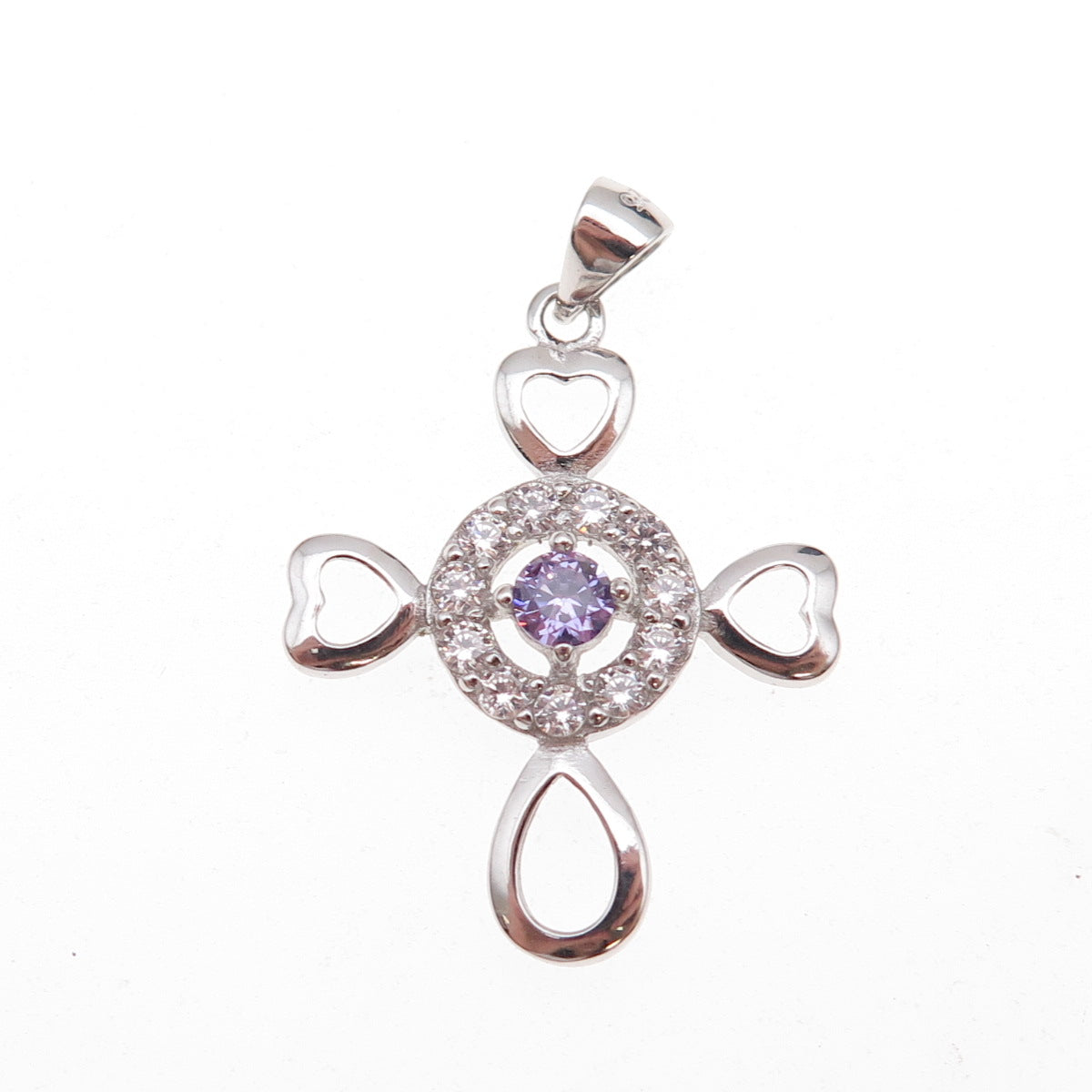 925 Sterling Silver Round-Cut Purple & White C Z Heart Cross Charm Pendant