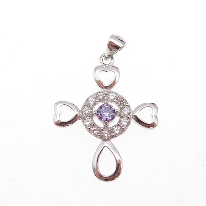 925 Sterling Silver Round-Cut Purple & White C Z Heart Cross Charm Pendant