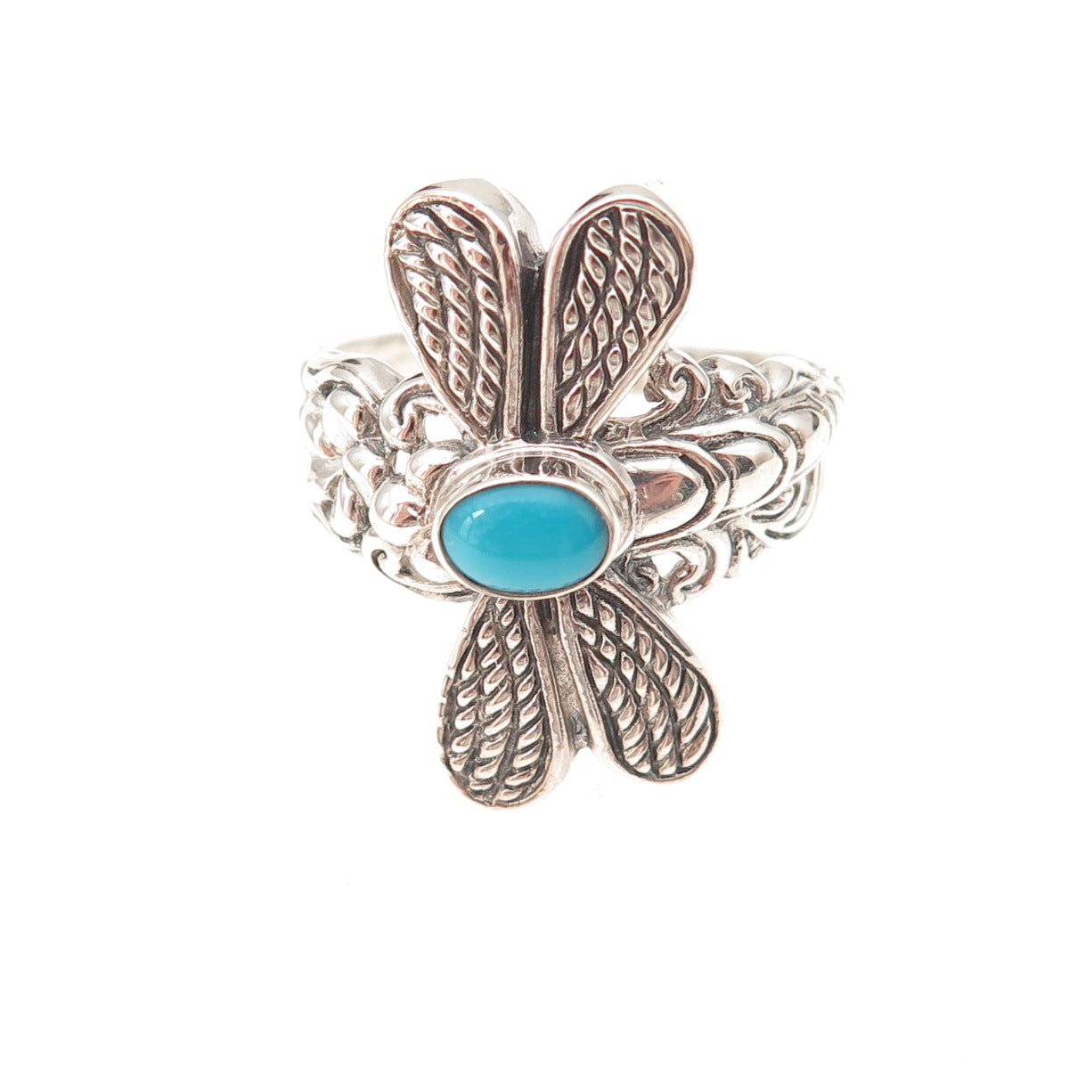 925 Sterling Silver Vintage Real Turquoise Dragonfly Oxidized Ring Size 9.25