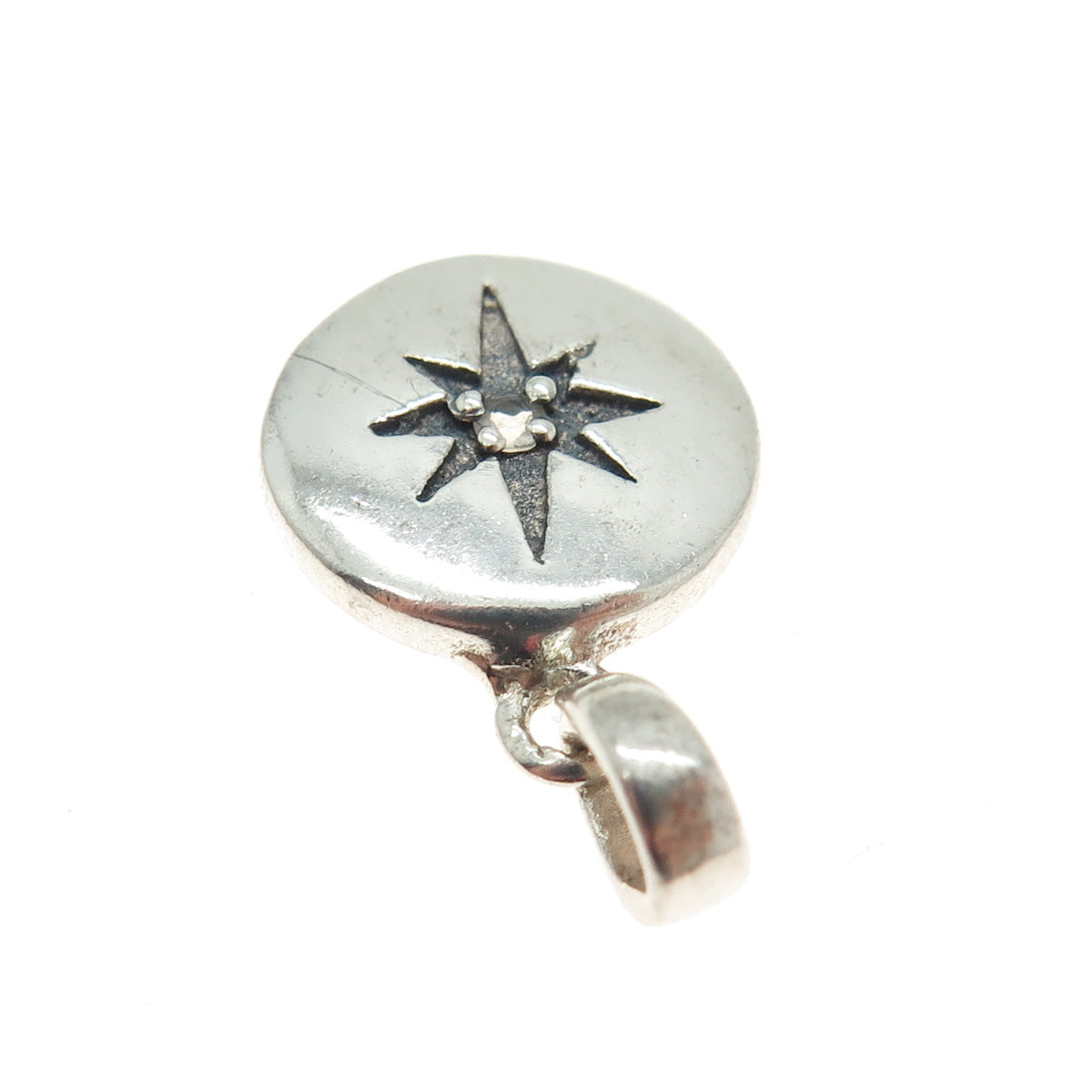 925 Sterling Silver Vintage Real White Topaz Gem Star Engraved Modernist Pendant