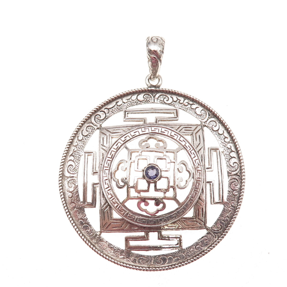 925 Sterling Silver Vintage Nepal Real Iolite Tibetan Mandala Oxidized Pendant