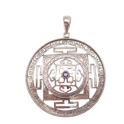 925 Sterling Silver Vintage Nepal Real Iolite Tibetan Mandala Oxidized Pendant