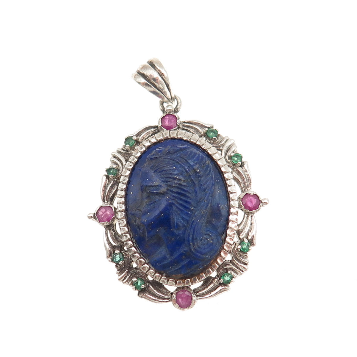 925 Sterling Silver Vintage Real Lapis Ruby & Emerald Lady Cameo Charm Pendant