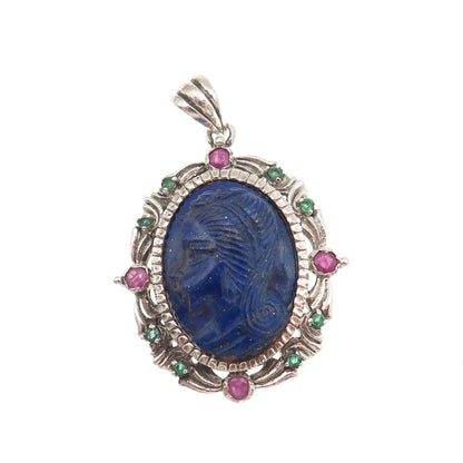 925 Sterling Silver Vintage Real Lapis Ruby & Emerald Lady Cameo Charm Pendant