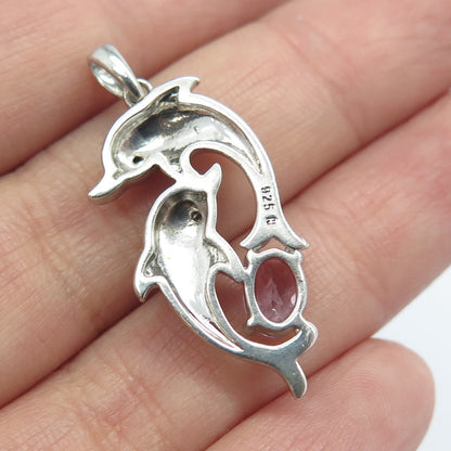 925 Sterling Silver Real Round-Cut Diamond & Amethyst Friendly Dolphin Pendant