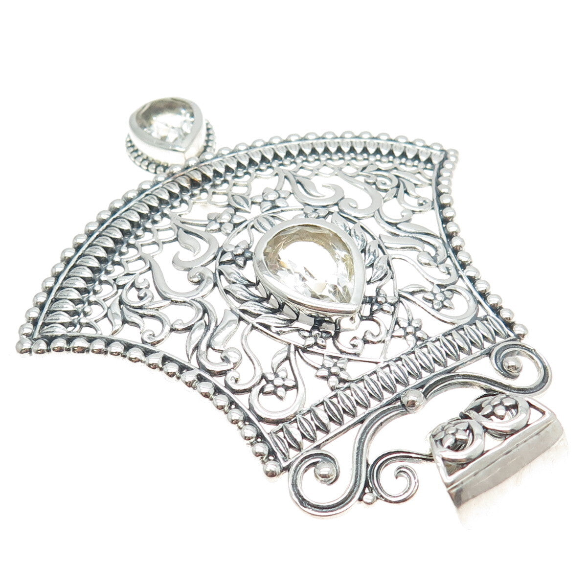 ARYA 925 Sterling Silver Vintage Pear-Cut C Z Floral Bell Modernist Pendant