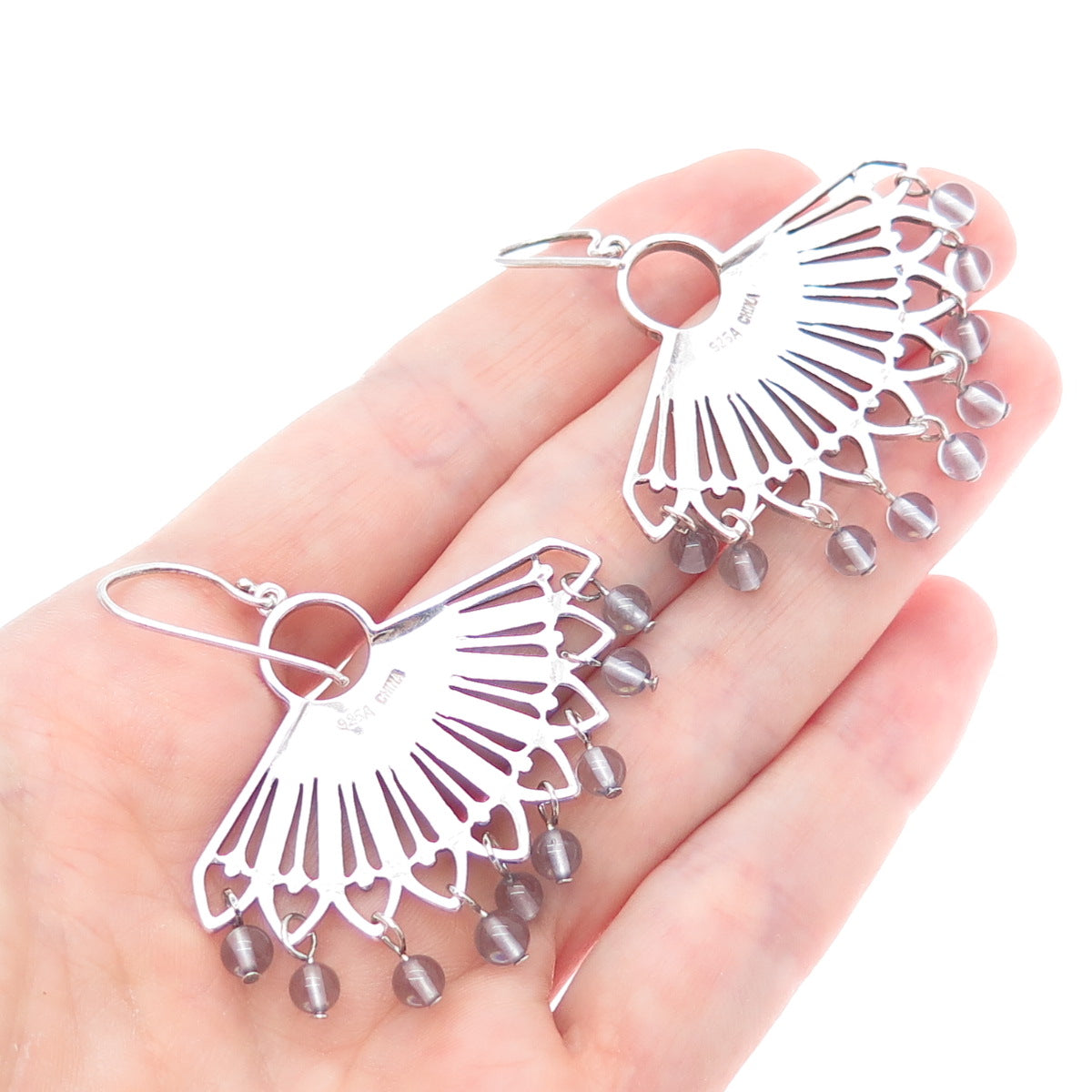 925 Sterling Silver Vintage Clear Crystal Modernist Fan Oxidized Earrings