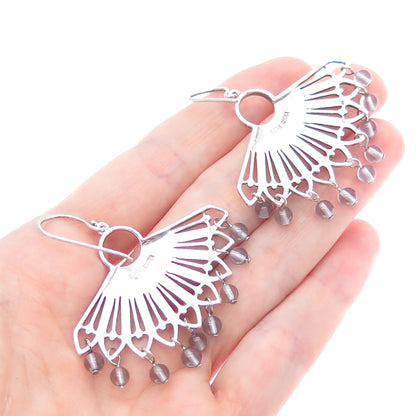 925 Sterling Silver Vintage Clear Crystal Modernist Fan Oxidized Earrings