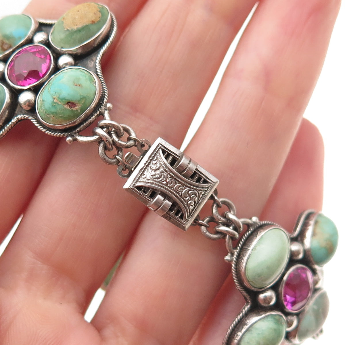 925 Sterling Antique Real Turquoise & Lab-Created Multi-Sapphire Bracelet 6.75"