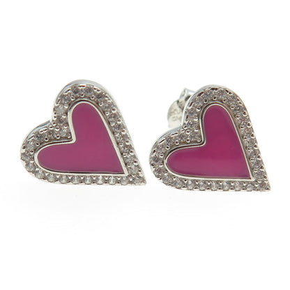 925 Sterling Silver Enamel Round-Cut C Z Heart Stud Earrings