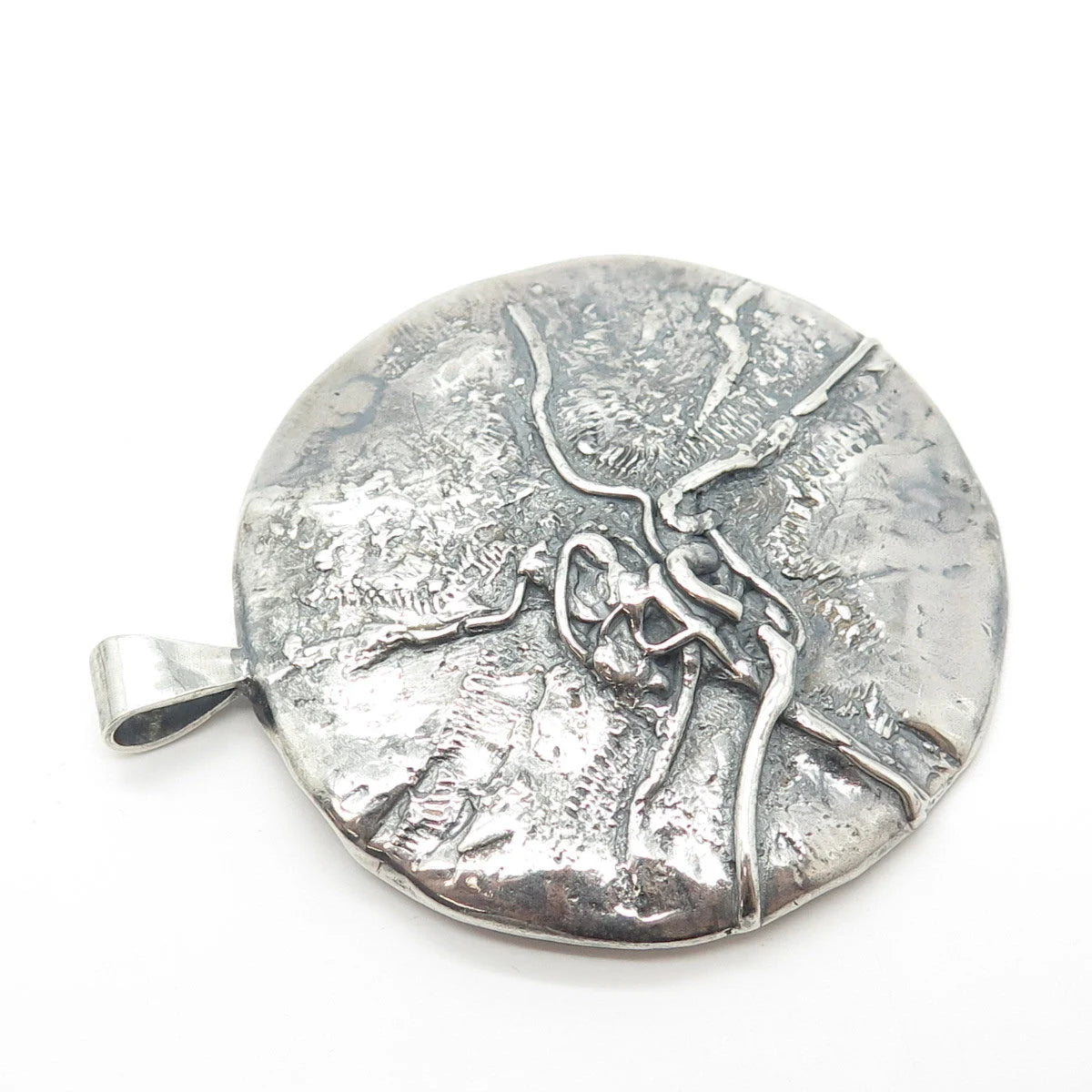 925 Sterling Silver Vintage Brutalist Modernist Large Round Pendant
