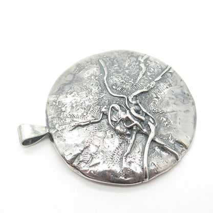 925 Sterling Silver Vintage Brutalist Modernist Large Round Pendant