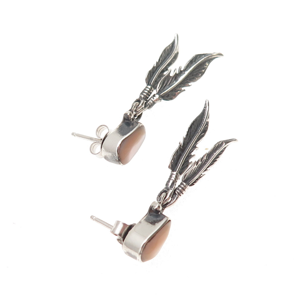Old Pawn 925 Sterling Silver Vintage Southwestern MOP Feather Dangle Earrings