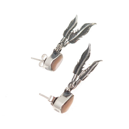 Old Pawn 925 Sterling Silver Vintage Southwestern MOP Feather Dangle Earrings