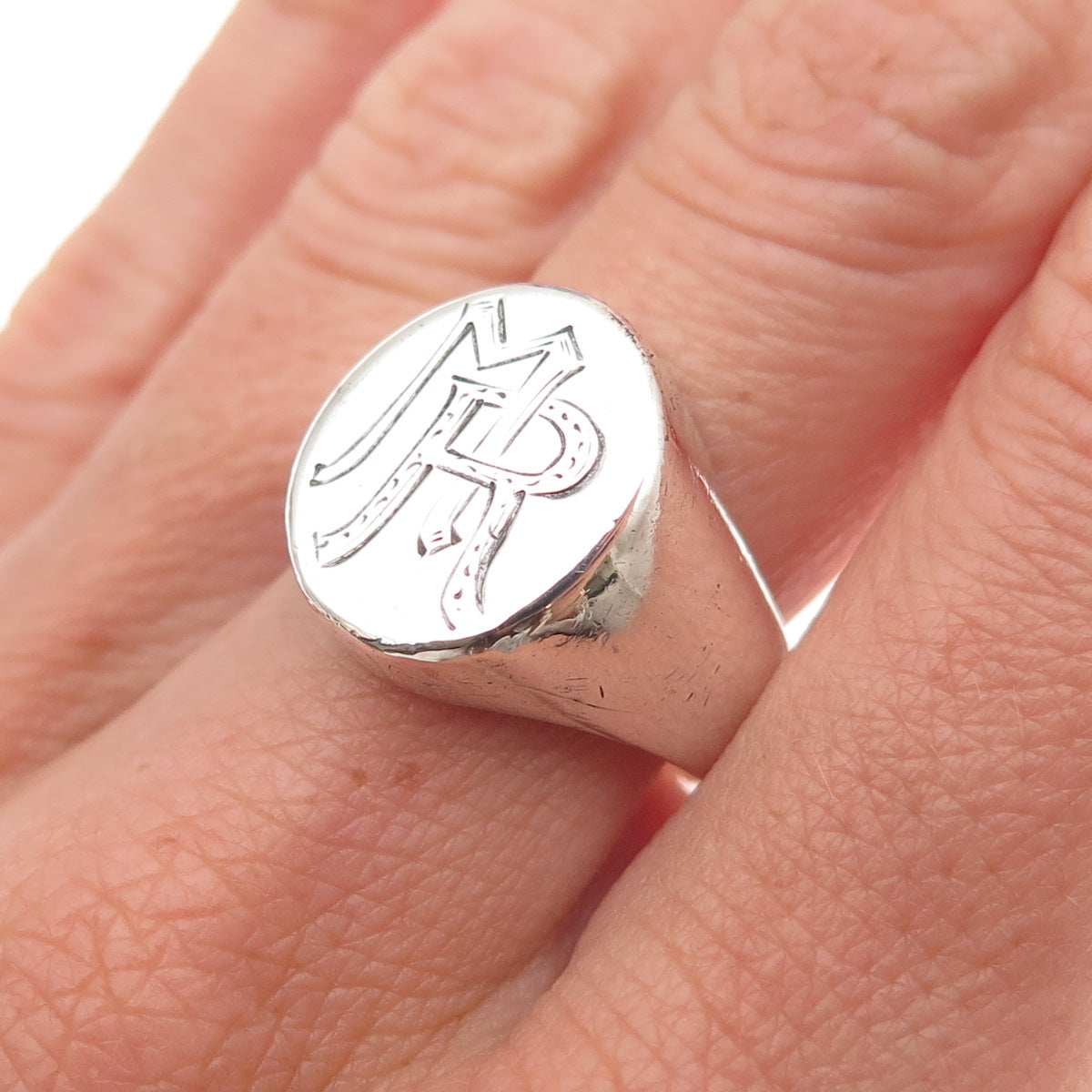 800 Silver Antique Art Deco Engraved MR Monogram Signet Ring Size 8.5