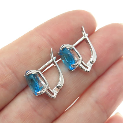 925 Sterling Silver Vintage European Oval-Cut Blue & White C Z Earrings
