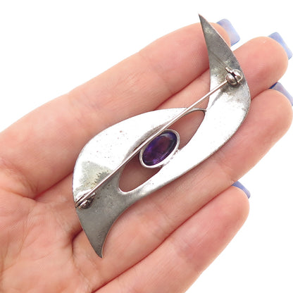 935 Silver Antique Art Deco Real Amethyst & Marcasite Oxidized Pin Brooch