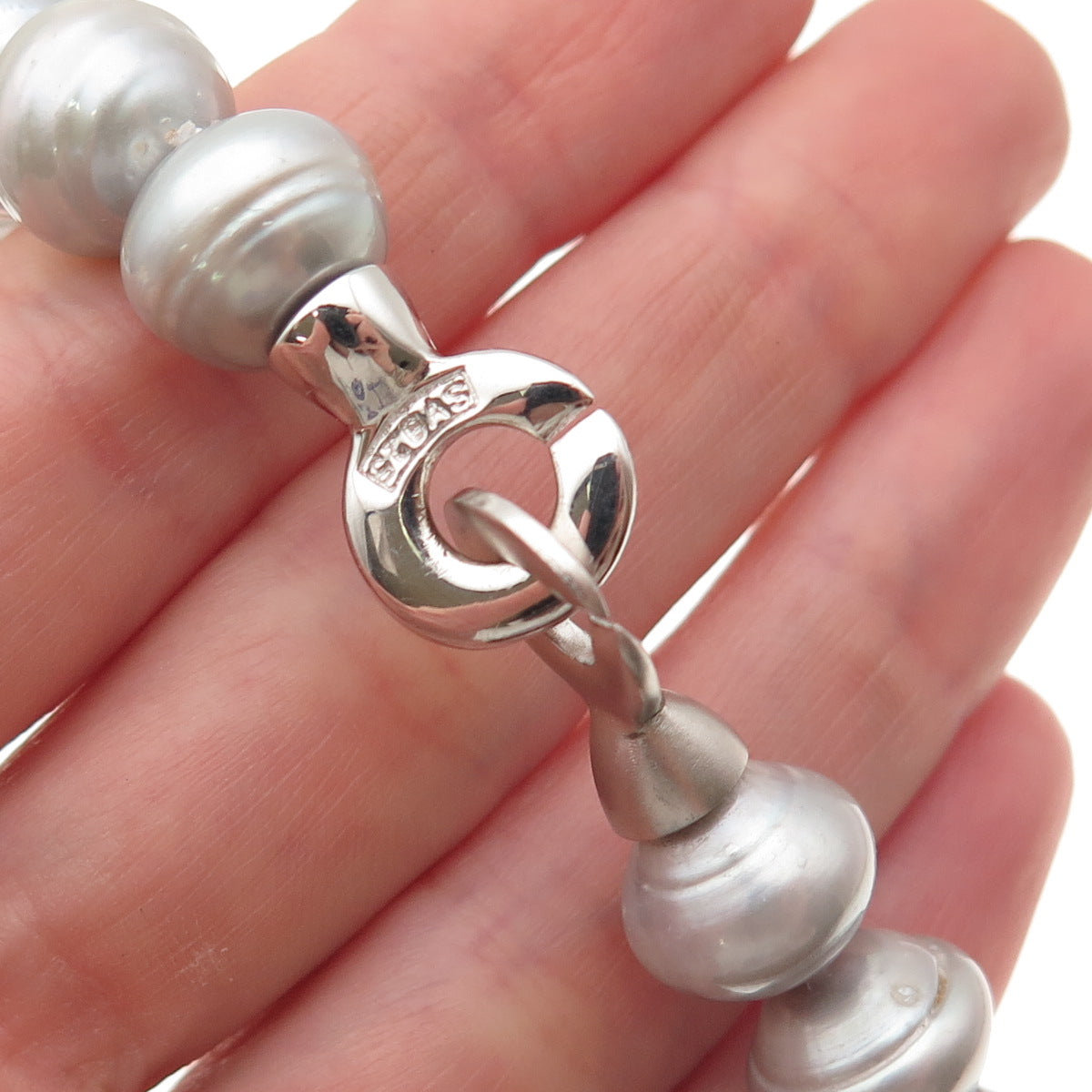 925 Sterling Silver Real Baroque Gray Pearl Beaded Necklace 18"